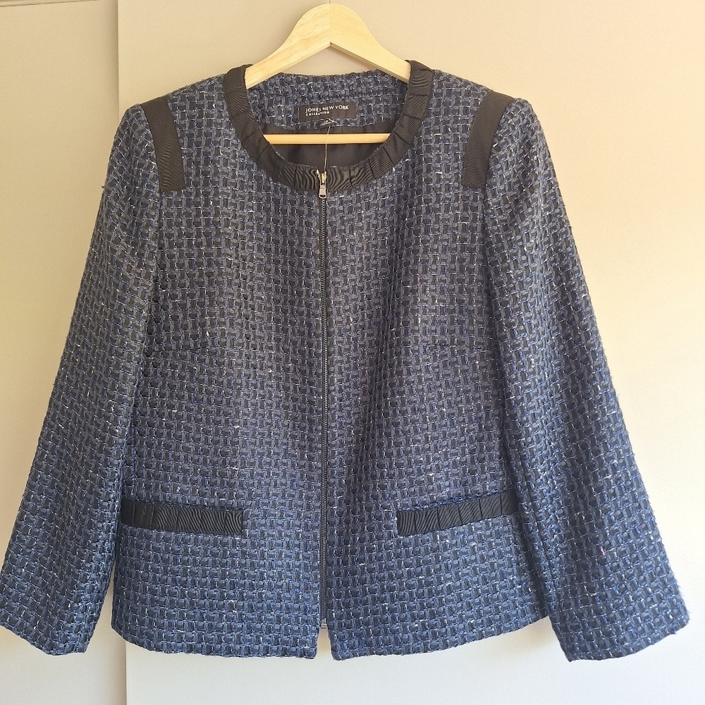 Jones New York Collection Navy Blue Tweed Zip Jacket NWT Sz 10
